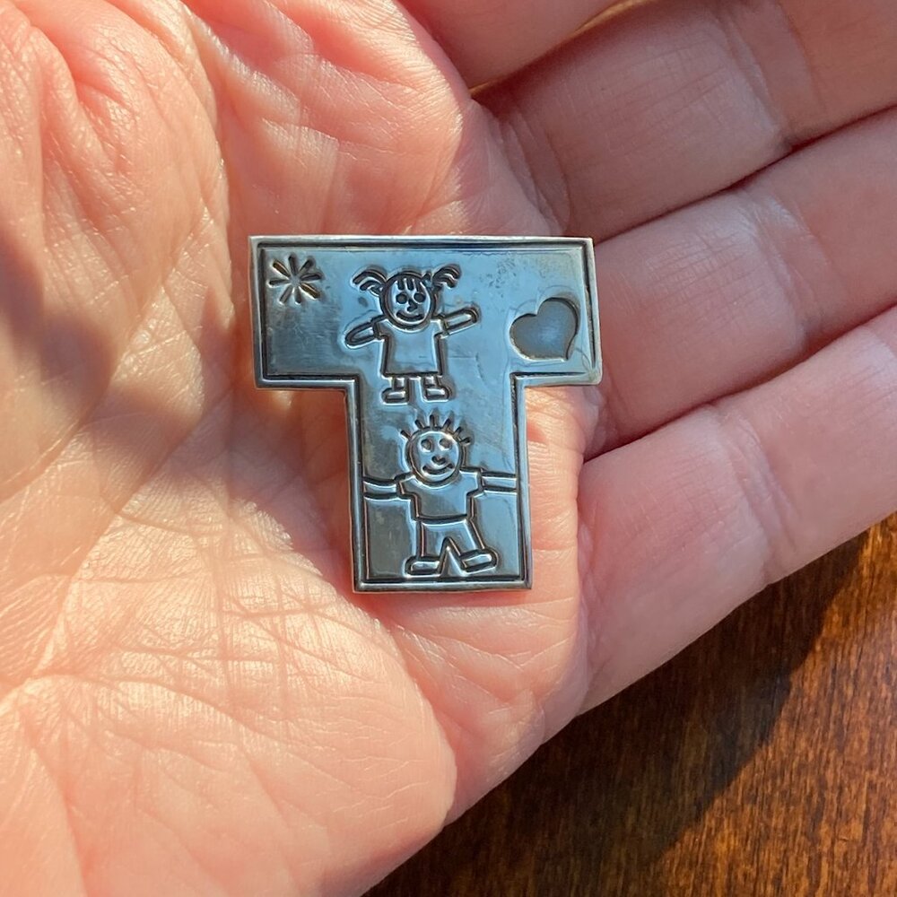 925 Silver Brooch Initial "T", Vintage Save The Children Kids Promo Pin Sterling